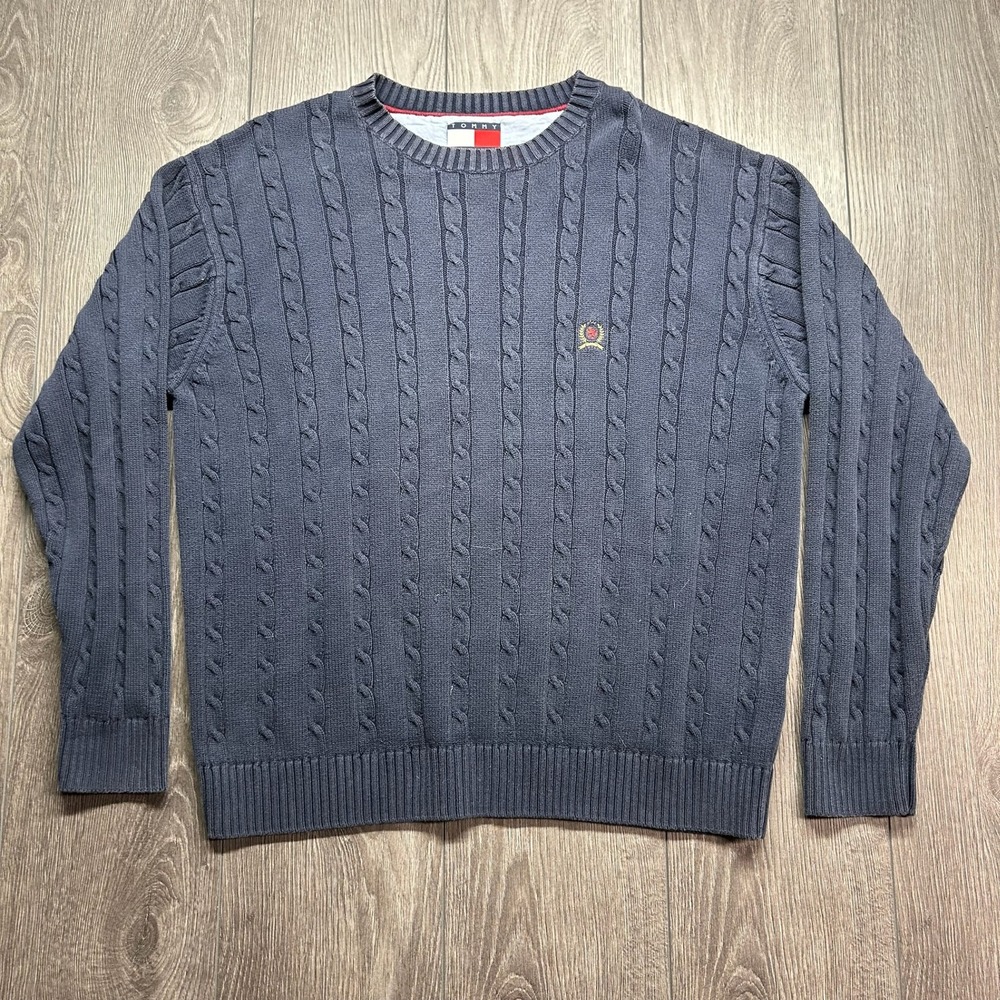 Vintage 90s Tommy Hilfiger Mens XL Navy Blue Cable Knit Crew Neck Sweater